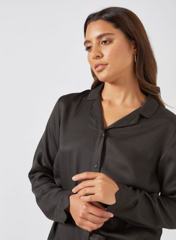 Jane Scalloped Trim Pyjama Shirt أسود