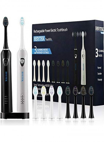 2-Piece 48000 VPM Motor Rechargeable Toothbrush with 8 Brush Head Black/White