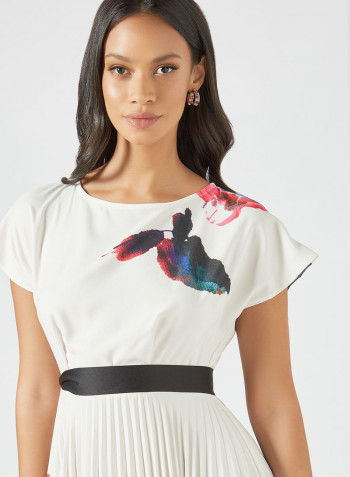 Floral Print Pleated Dress Ivory