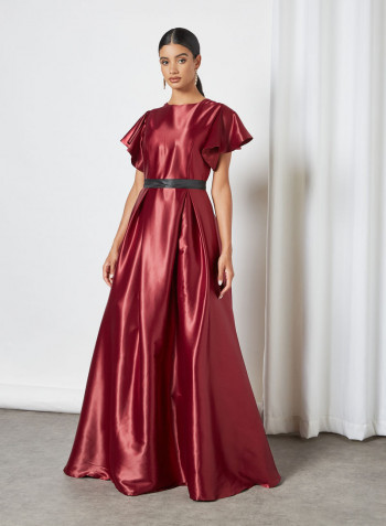 Contrast Belted Dress Deep Burgundy