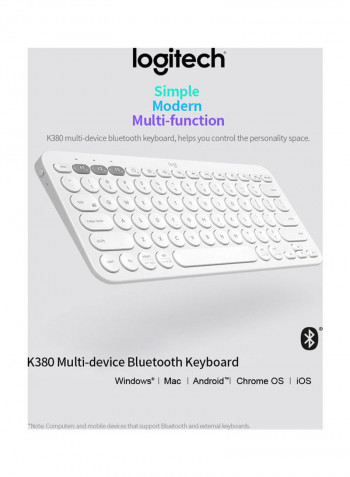 لوحة مفاتيح K380 اللاسلكية بتقنية البلوتوث 3.0 أبيض