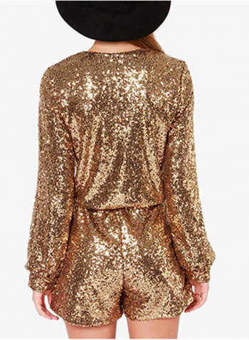 Sequins Three Quarters Sleeve Fashion Playsuit Gold