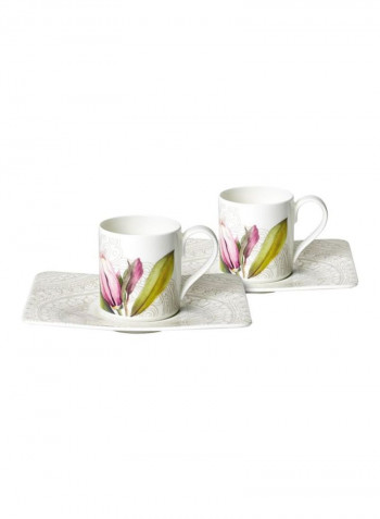 4-Piece Quinsai Garden Espresso Set White/Pink/Green 2 Saucer 14x11centimeter