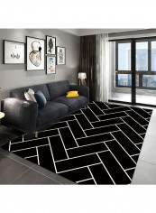 Modern Simple Wavy Patterned Anti Slip Floor Rug Black/White 140x200cm