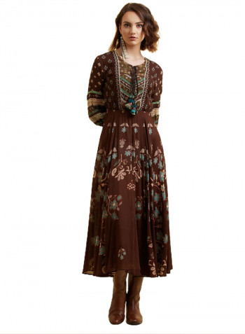 Round Neck Floral Printed Long Dress Brown/Blue