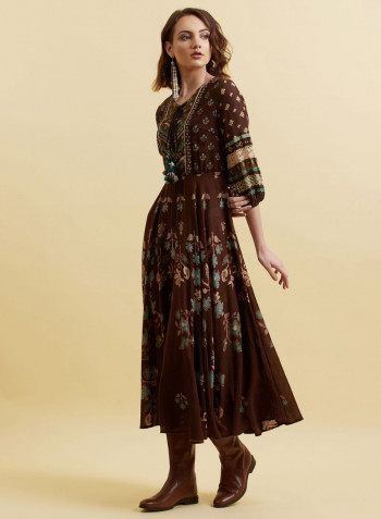 Round Neck Floral Printed Long Dress Brown/Blue