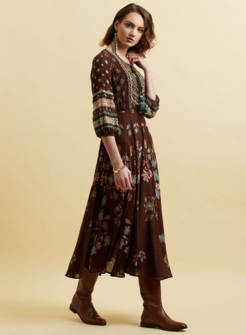 Round Neck Floral Printed Long Dress Brown/Blue