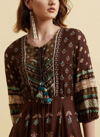 Round Neck Floral Printed Long Dress Brown/Blue