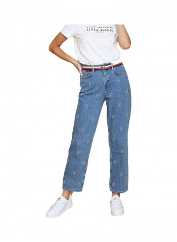 Straight Leg Embroidery Jeans Blue
