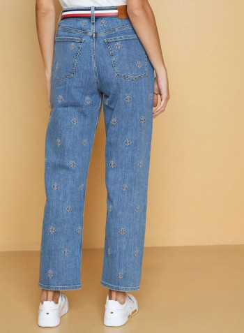 Straight Leg Embroidery Jeans Blue