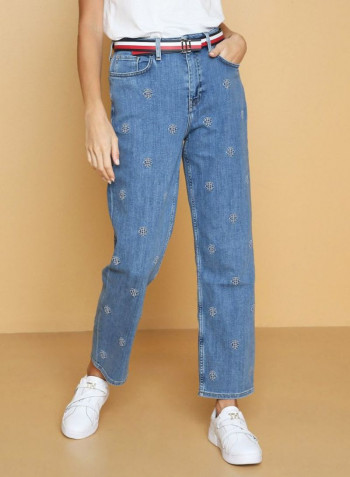 Straight Leg Embroidery Jeans Blue