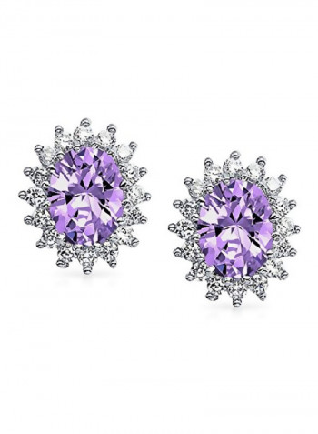 925 Sterling Silver 3 Ct Cubic Zirconia Crown Halo Simulated Amethyst Stud Earrings