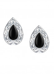 925 Sterling Silver Onyx Studded Pear Shaped Stud Earrings