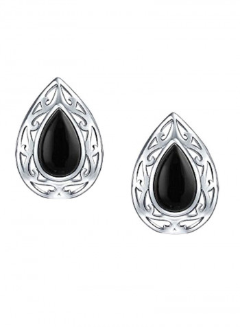 925 Sterling Silver Onyx Studded Pear Shaped Stud Earrings