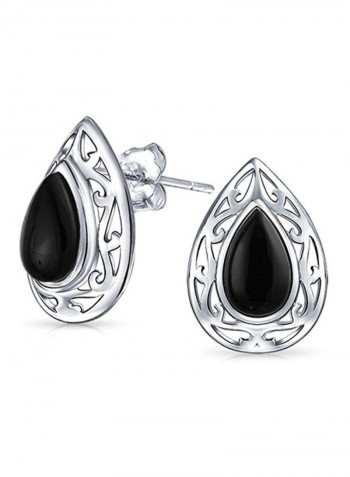 925 Sterling Silver Onyx Studded Pear Shaped Stud Earrings