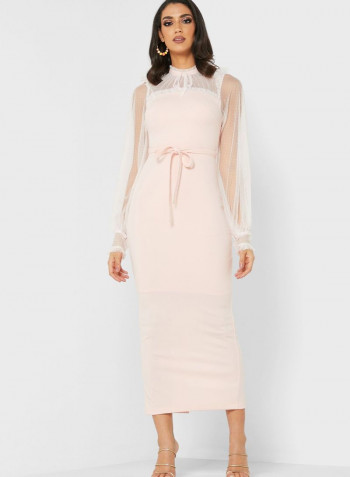 High Neck Mesh Yoke Dress Light Pink
