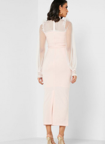 High Neck Mesh Yoke Dress Light Pink