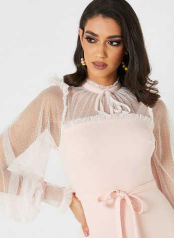 High Neck Mesh Yoke Dress Light Pink