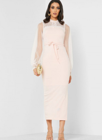 High Neck Mesh Yoke Dress Light Pink
