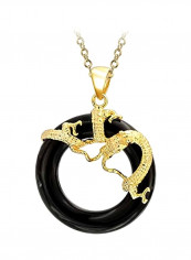 925 Sterling Silver 14-Karat Gold Plated Black Onyx Dragon Pendant Necklace