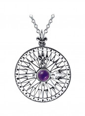925 Sterling Silver Amethyst Studded Fleur De Lis Rose Compass Pendant Necklace