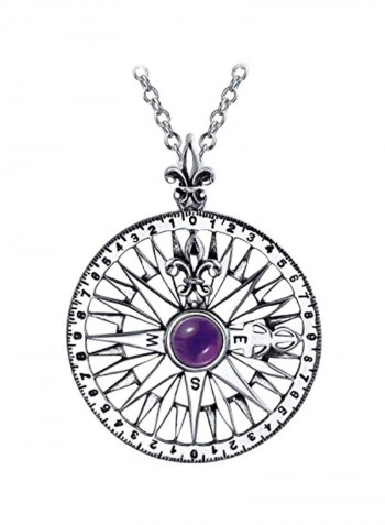925 Sterling Silver Amethyst Studded Fleur De Lis Rose Compass Pendant Necklace