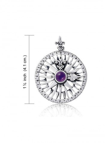 925 Sterling Silver Amethyst Studded Fleur De Lis Rose Compass Pendant Necklace