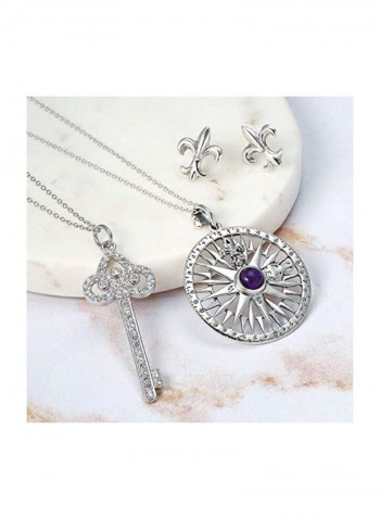 925 Sterling Silver Amethyst Studded Fleur De Lis Rose Compass Pendant Necklace