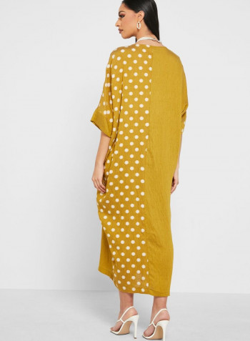 Round Neck Knitted Midi Dress Mustard/White
