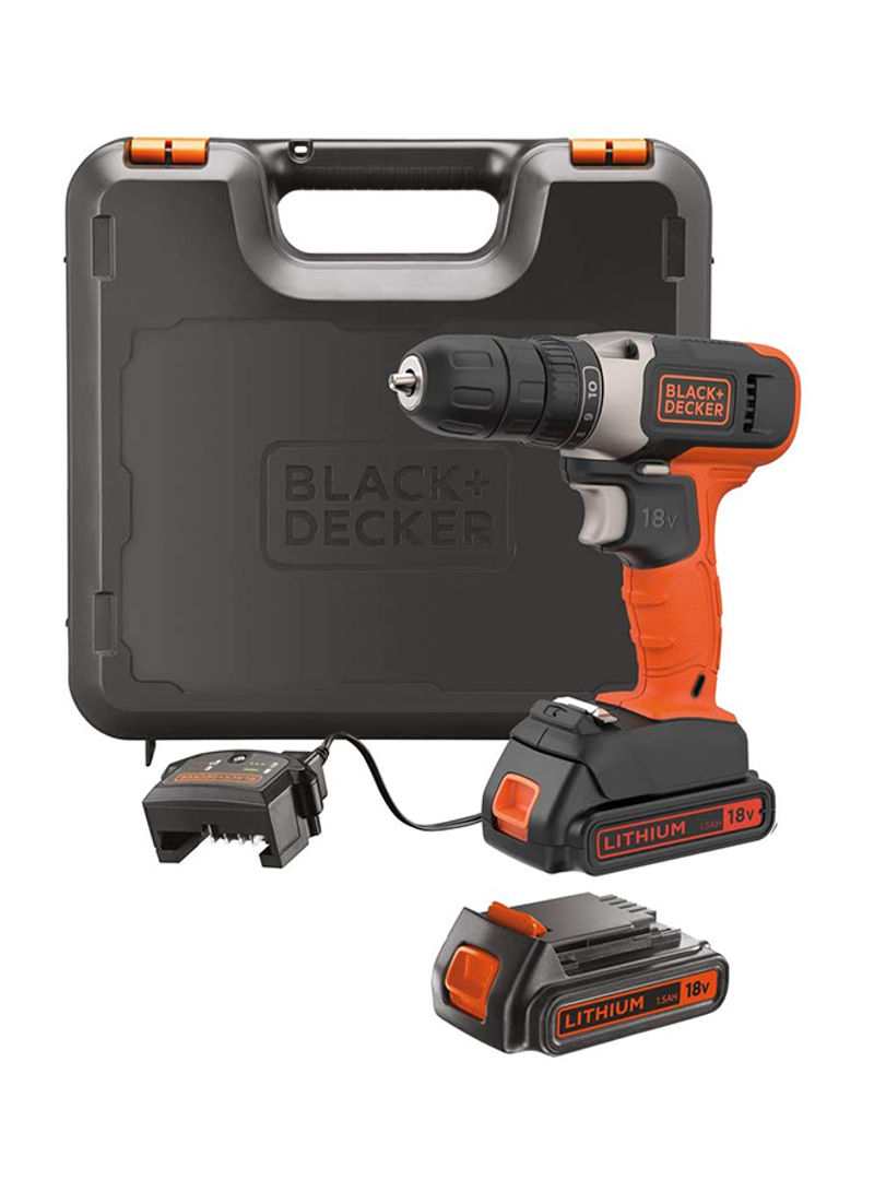 18V Cordless Drill Driver With 2 Batteries (1.5Ah Li-Ion) And Charger In Kitbox BCD001C2K-GB Orange/Black