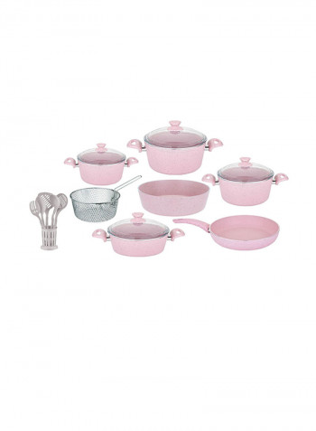 18-Piece Granite Cookware Set With Service Set Pink 9.5kg