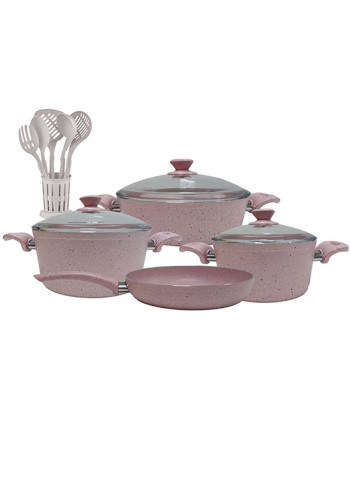 18-Piece Granite Cookware Set With Service Set Pink 9.5kg