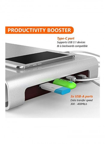 Monitor Stand With USB Hub Silver