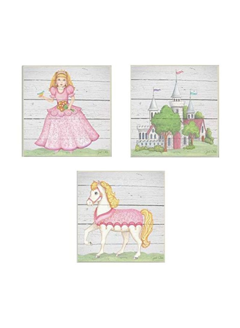3-Piece Princess Horse Kingdom Printed Wooden Wall Art White/Pink/Green 12x12x0.5inch