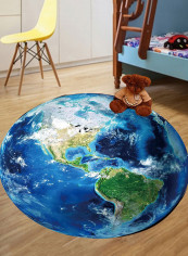 Earth Planet Printed Round Shaped Floor Mat Blue/White/Green 80 x 80centimeter