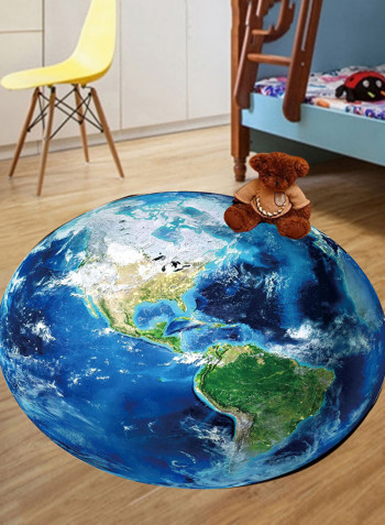 Earth Planet Printed Round Shaped Floor Mat Blue/White/Green 80 x 80centimeter