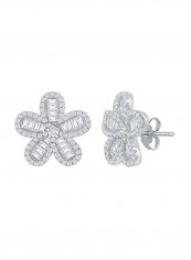 Baguette Cubic Zirconia Flower Sterling Silver Earrings