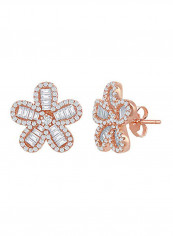Rose Gold Plated Baguette Cubic Zirconia Flower Sterling Silver Earrings