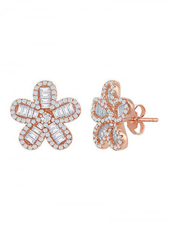 Rose Gold Plated Baguette Cubic Zirconia Flower Sterling Silver Earrings
