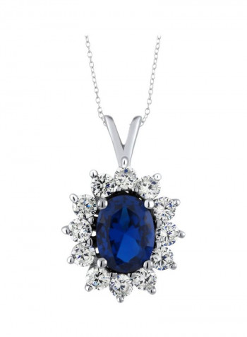 925 Sterling Silver 2.25 Ct Sapphire And Cubic Zirconia Studded Pendant Necklace