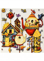 DPP 184658 2 Pretty Decorative Teapots And Birdhouses Wall Clock Multicolour 13x13inch