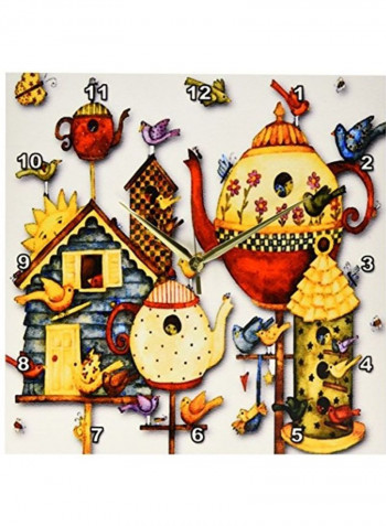 DPP 184658 2 Pretty Decorative Teapots And Birdhouses Wall Clock Multicolour 13x13inch