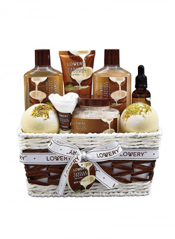 Bath and Body Gift Basket For Women and Men – 9 Piece Set of Vanilla Coconut Home Spa Set, Includes Fragrant Lotions, Extra Large Bath Bombs, Coconut Oil, Luxurious Bath Towel & More