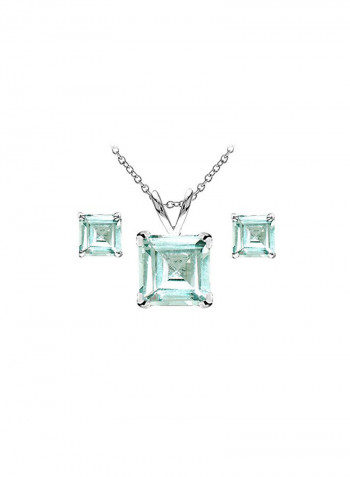 925 Sterling Silver Aquamarine Square Solitaire Jewellery Set