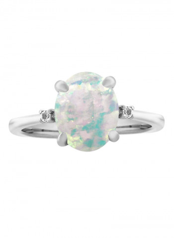 Gem Stone King 2.16 Ct Oval Cabochon White Simulated Opal & White Diamond 925 Sterling Silver 3-Stone Women's Ring