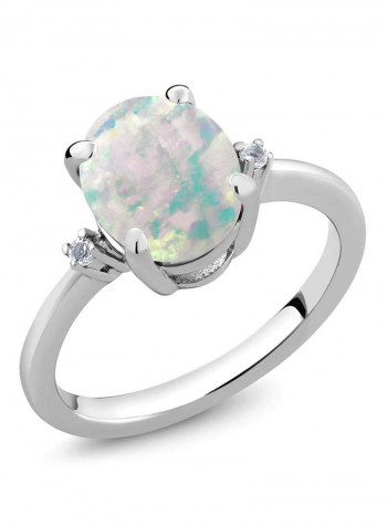 Gem Stone King 2.16 Ct Oval Cabochon White Simulated Opal & White Diamond 925 Sterling Silver 3-Stone Women's Ring