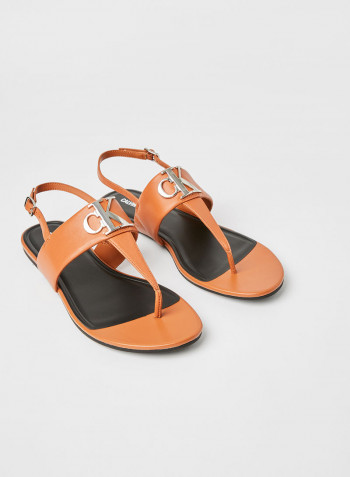 Leather Flat Sandals Cognac