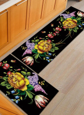 1-Piece Rectangular Shaped Non-Slip Floral Patterned Floor Rug Black 50x160cm