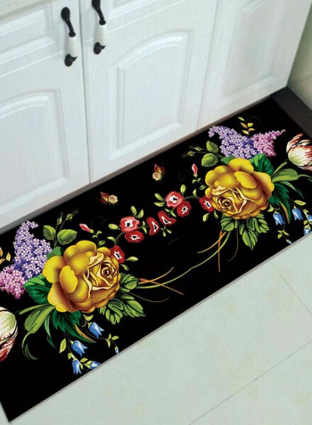 1-Piece Rectangular Shaped Non-Slip Floral Patterned Floor Rug Black 50x160cm