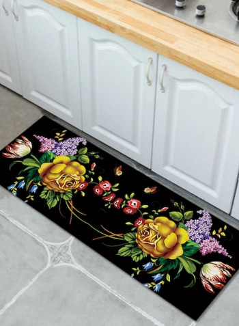 1-Piece Rectangular Shaped Non-Slip Floral Patterned Floor Rug Black 50x160cm